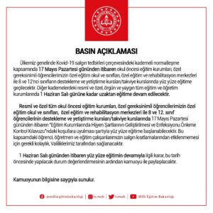 Yeni genelge yayınlandı.Okul öncesi,anaokullar 8 ve 12 sınıflar yüz yüze eğitime geçecek.Genelgenin ayrıntıları..