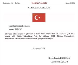 MİLLİ EĞİTİM BAKANI SELÇUK’UN YERİNE ÖZER ATANDI