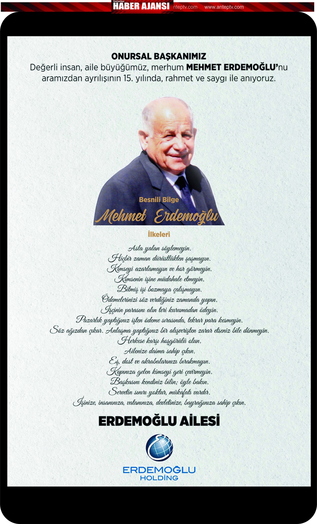 Merinos Holding Onursal Başkanı merhum Mehmet Erdemoğlu vafatının 15. yılında anılıyor