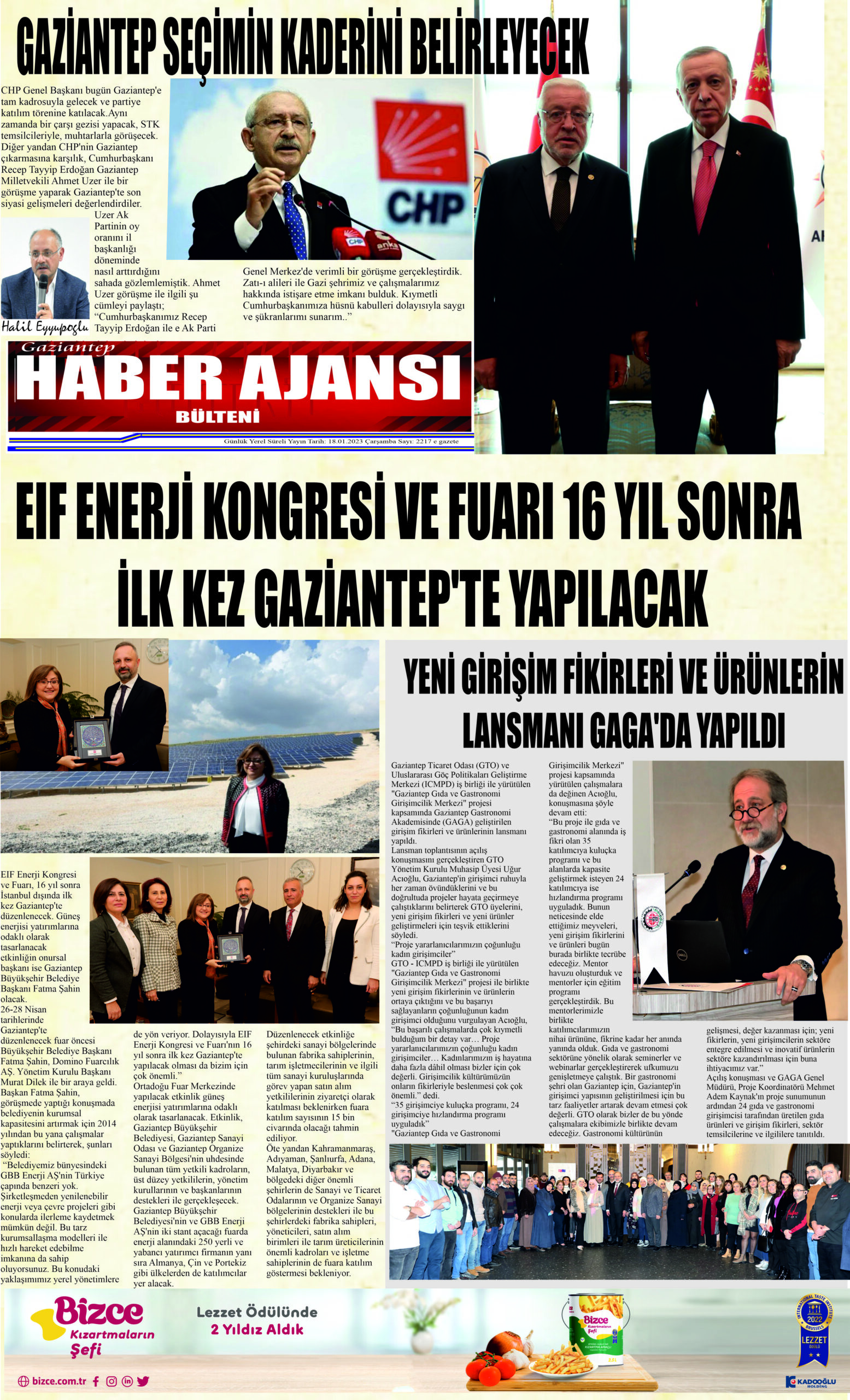 Gaziantep Haber Ajansı Bülteni Çarşamba 18.01.2023 e gazete