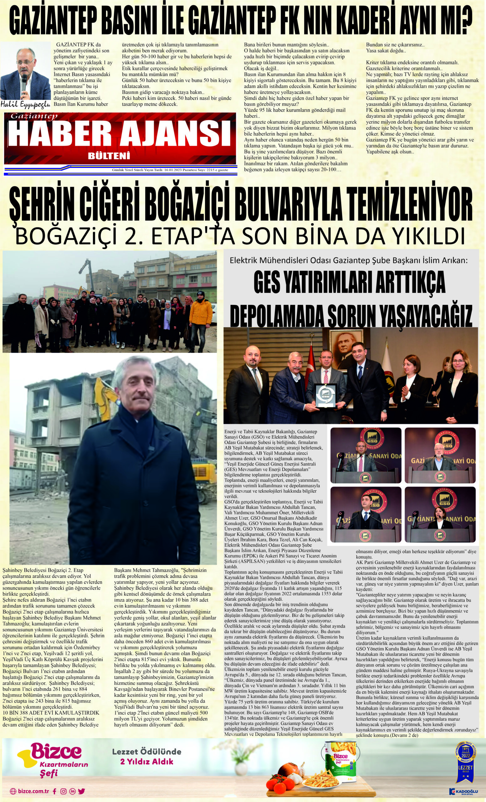 Gaziantep Haber Ajansı Bülteni Pazartesi 16.01.2023 e gazete