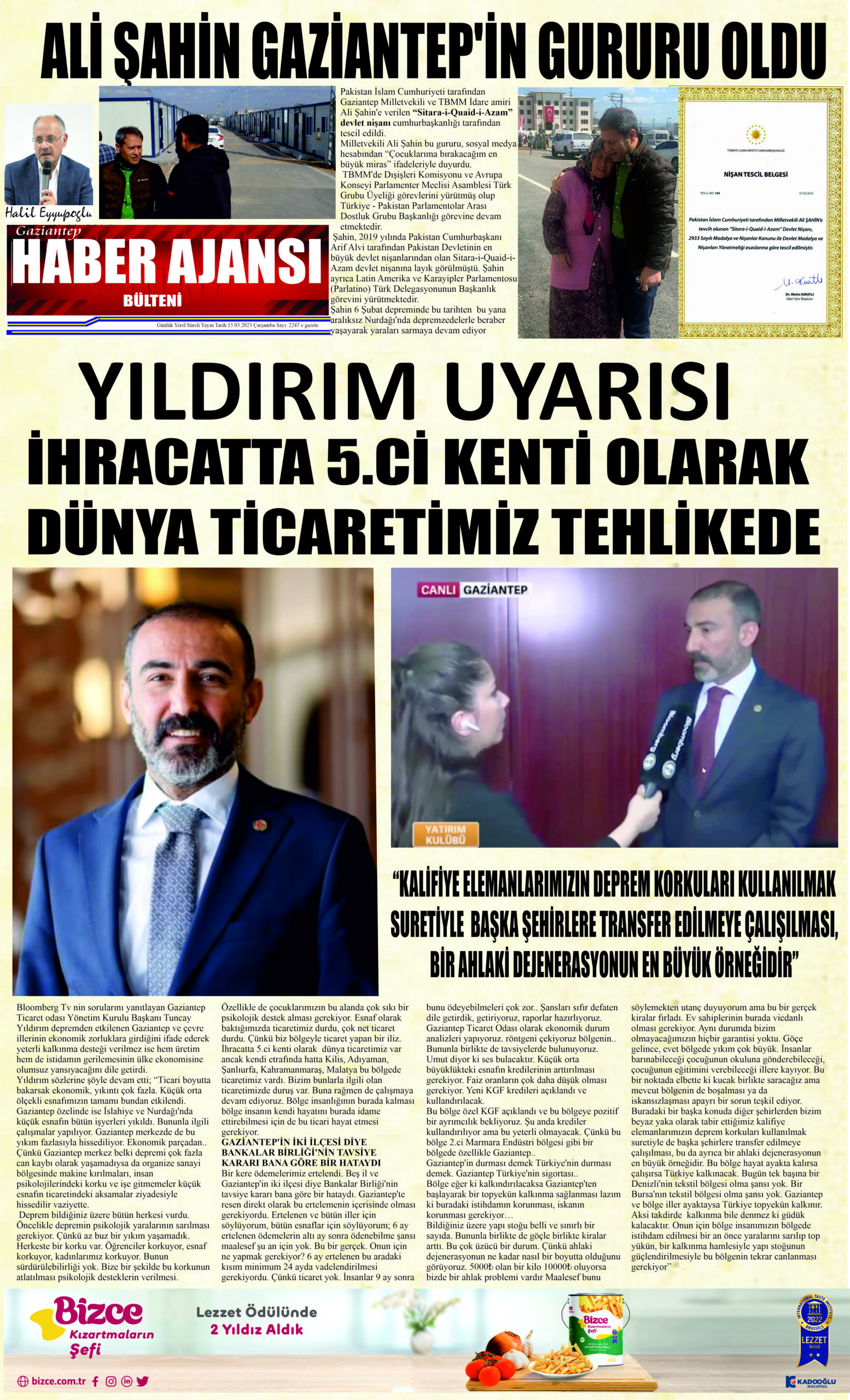 Gaziantep Haber Ajansı Bülteni Çarşamba 15.03.2023 e gazete