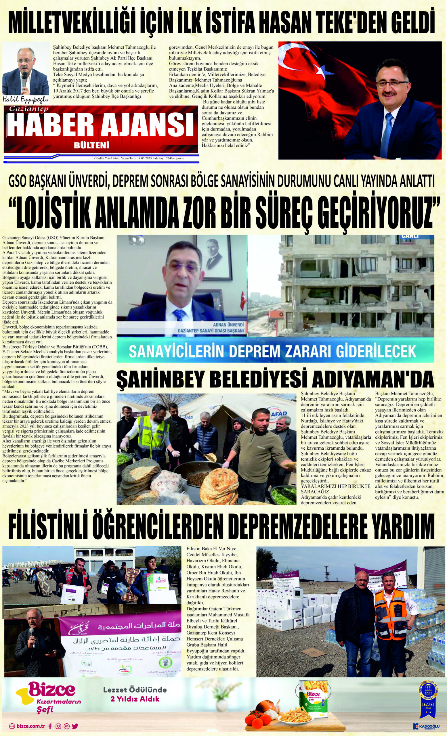 Gaziantep Haber Ajansı Bülteni Salı 14.03.2023 e gazete