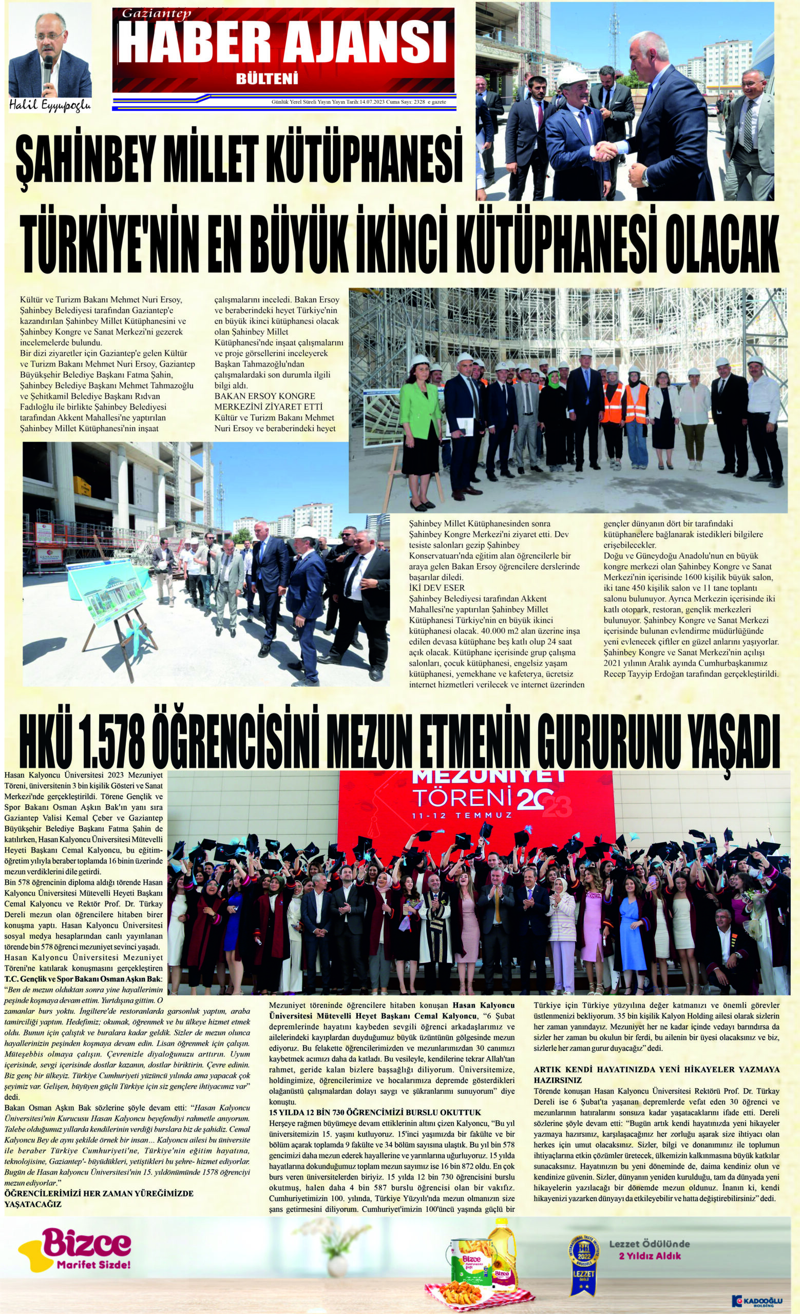 Gaziantep Haber Ajansı Bülteni Cuma 14.07.2023 e gazete