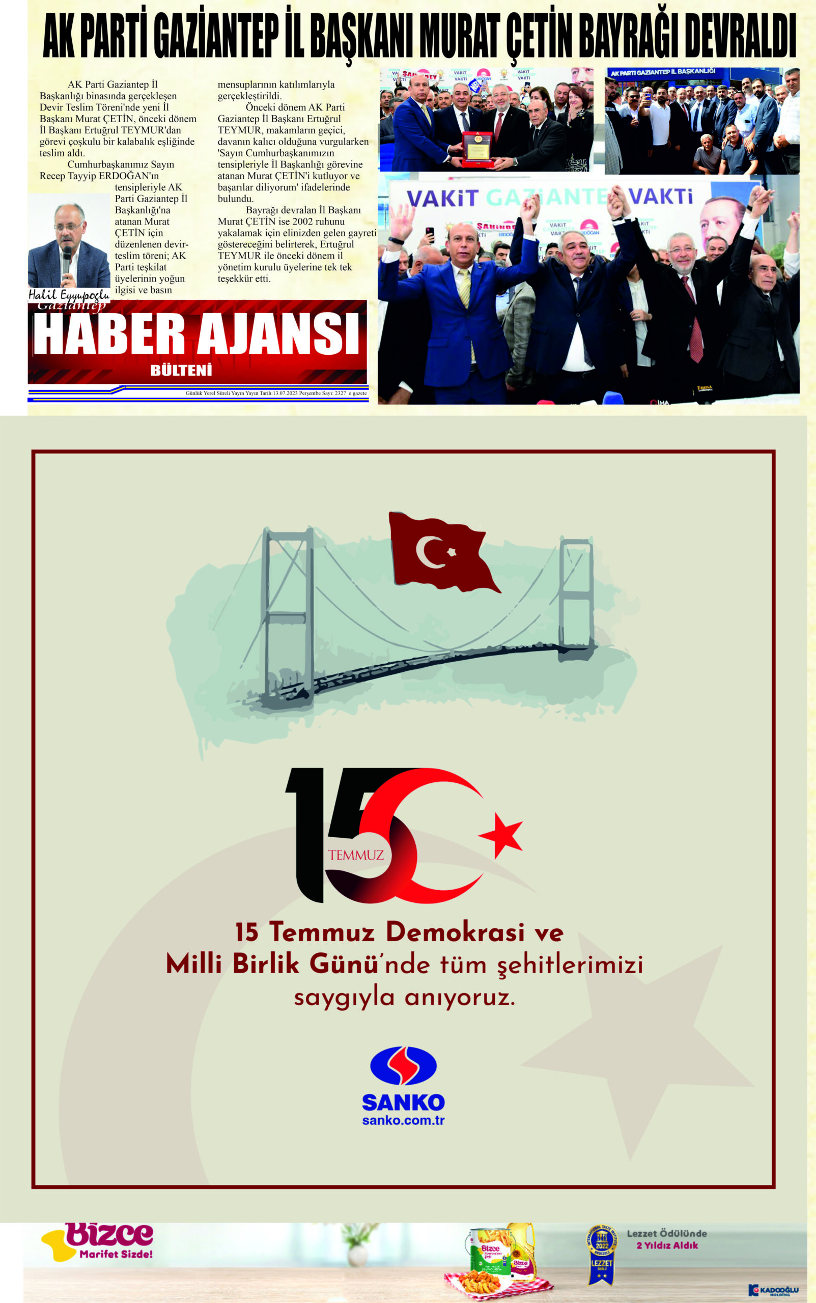 Gaziantep Haber Ajansı Bülteni Perşembe 13.07.2023 e gazete