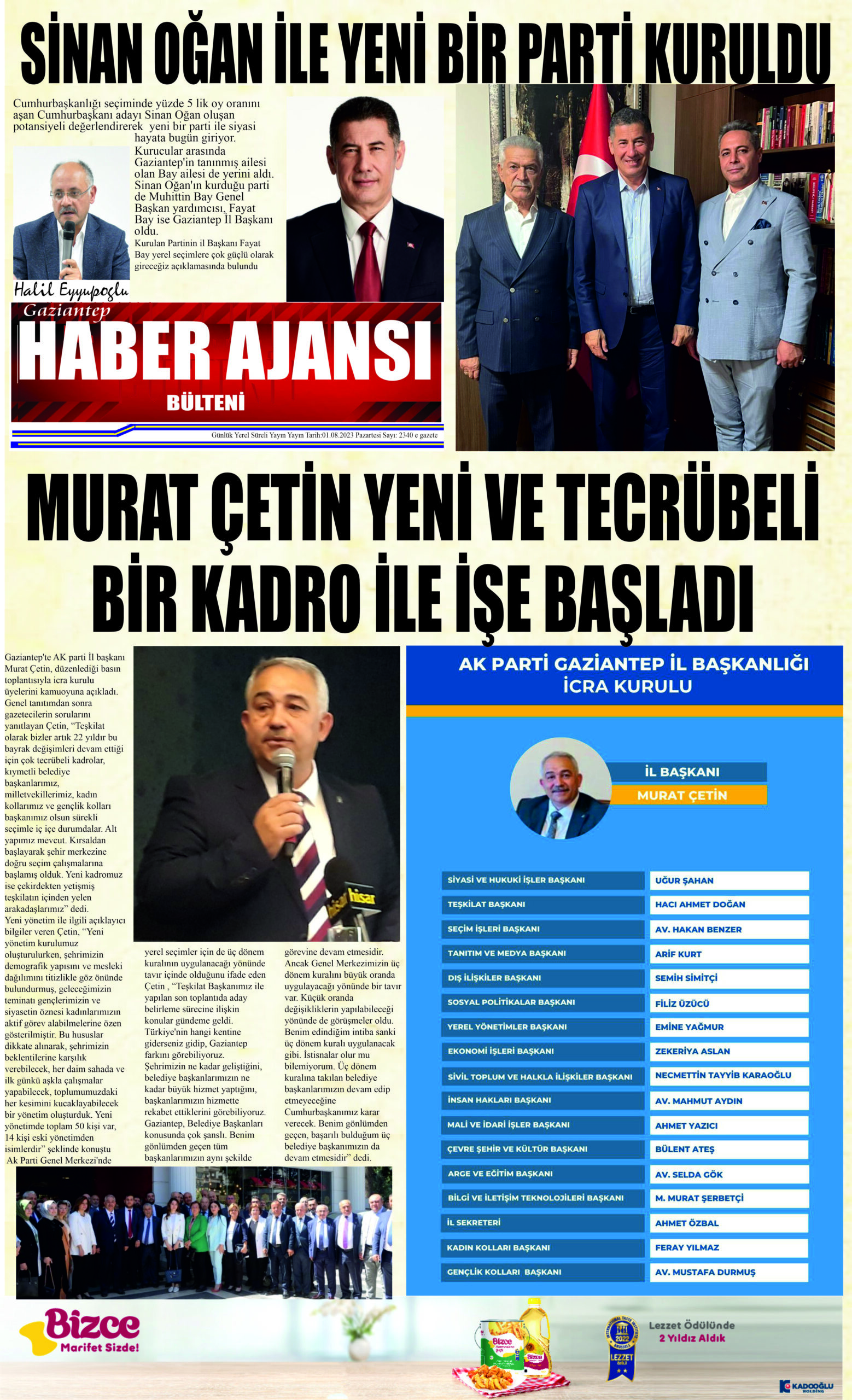 Gaziantep Haber Ajansı Bülteni Salı 01.08.2023 e gazete