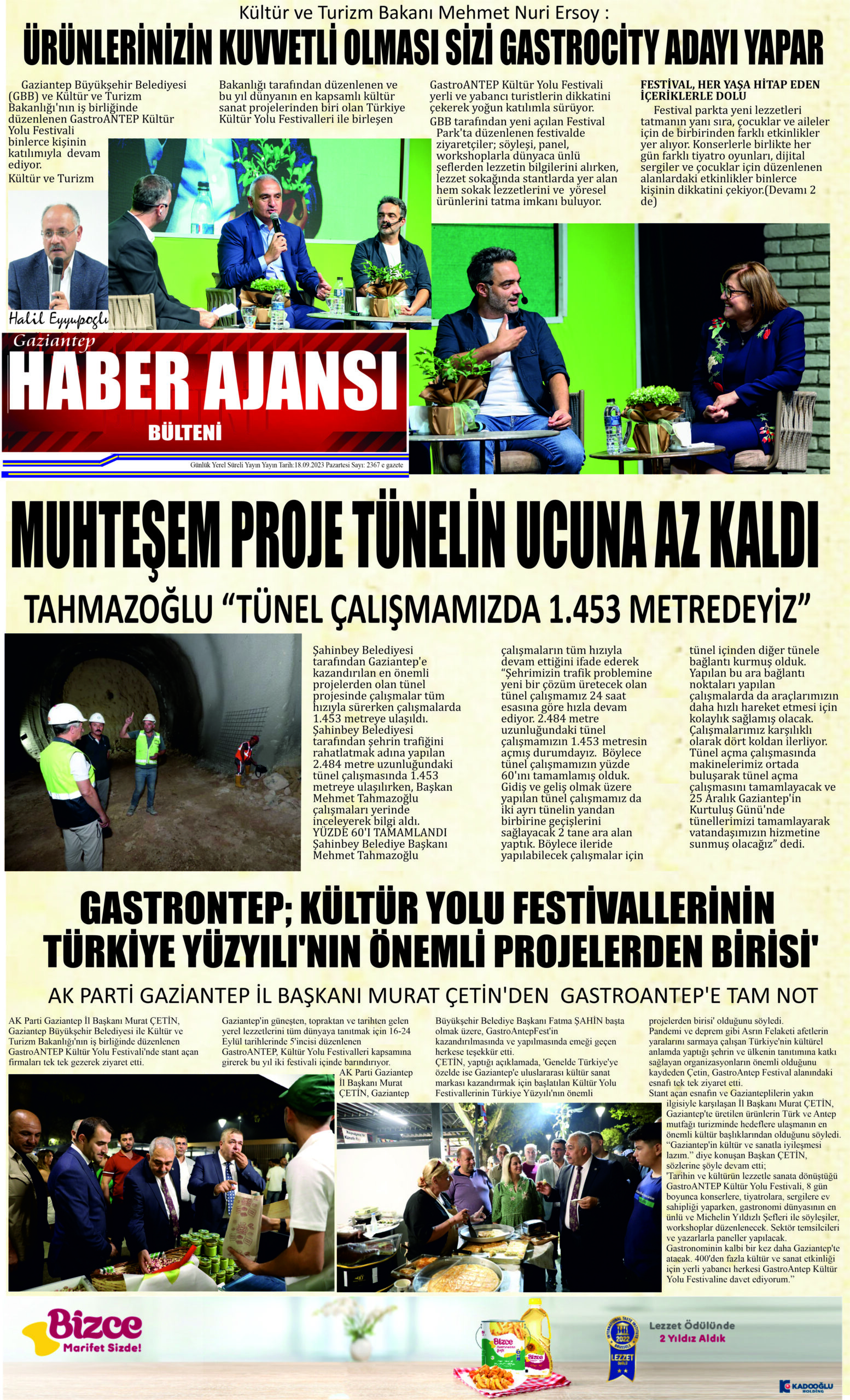 Gaziantep Haber Ajansı Bülteni Pazartesi 18.09.2023 e gazete