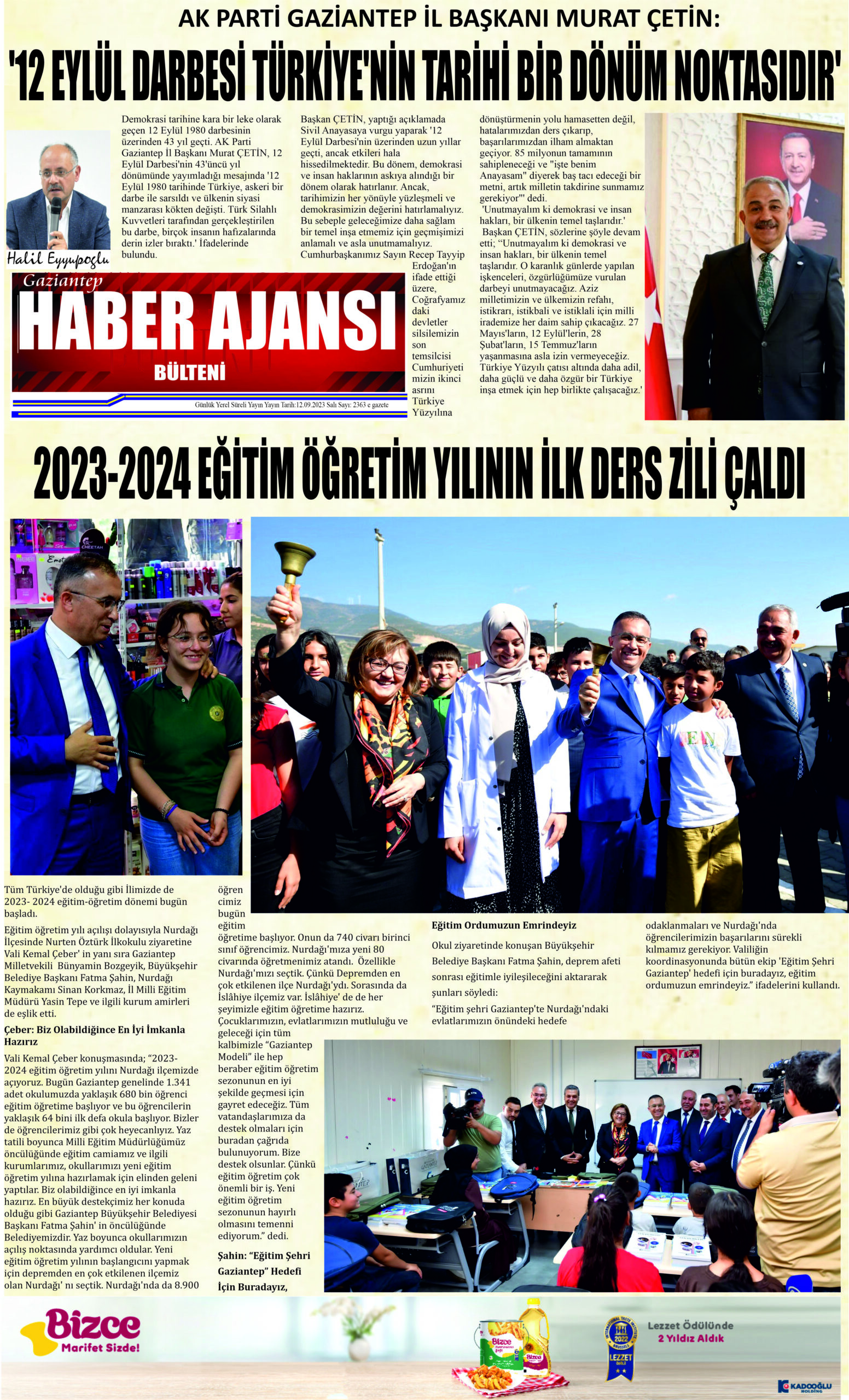 Gaziantep Haber Ajansı Bülteni Salı 12.09.2023 e gazete
