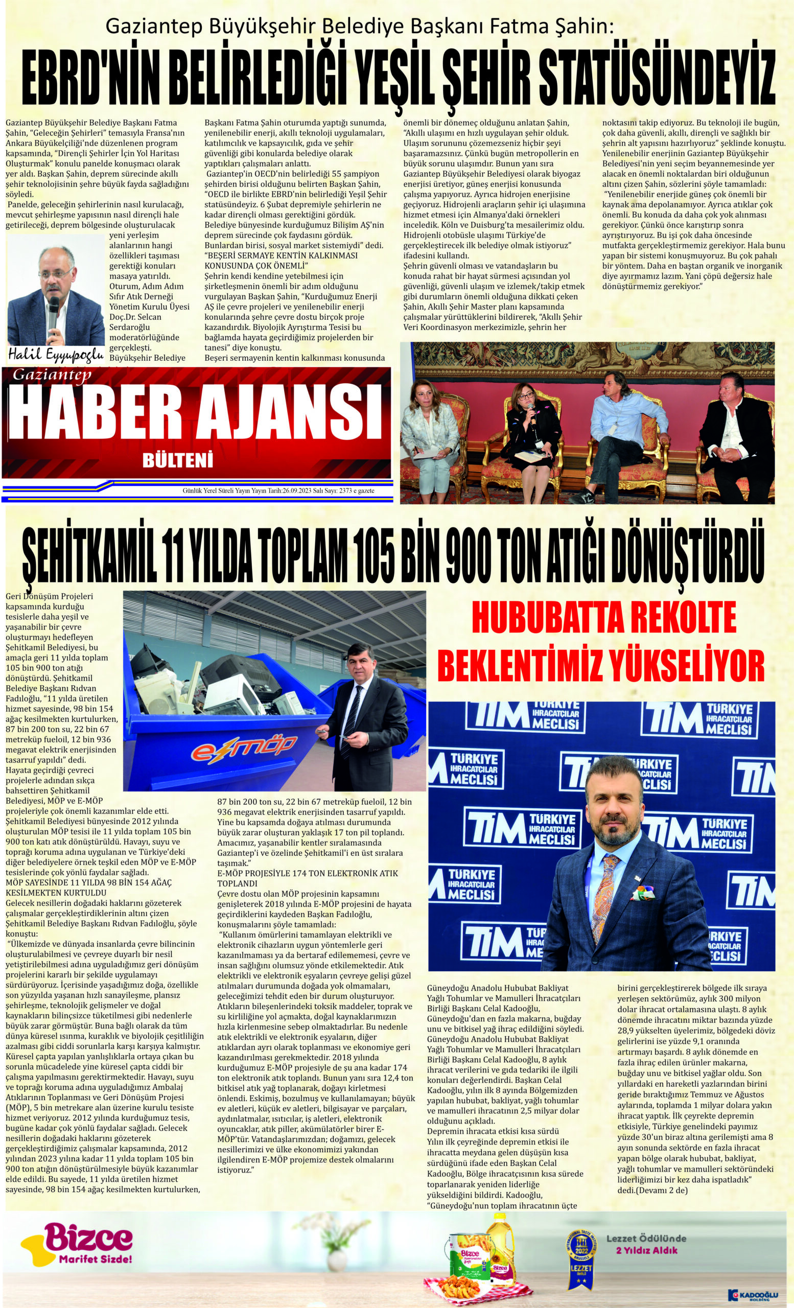Gaziantep Haber Ajansı Bülteni Salı 26.09.2023 e gazete