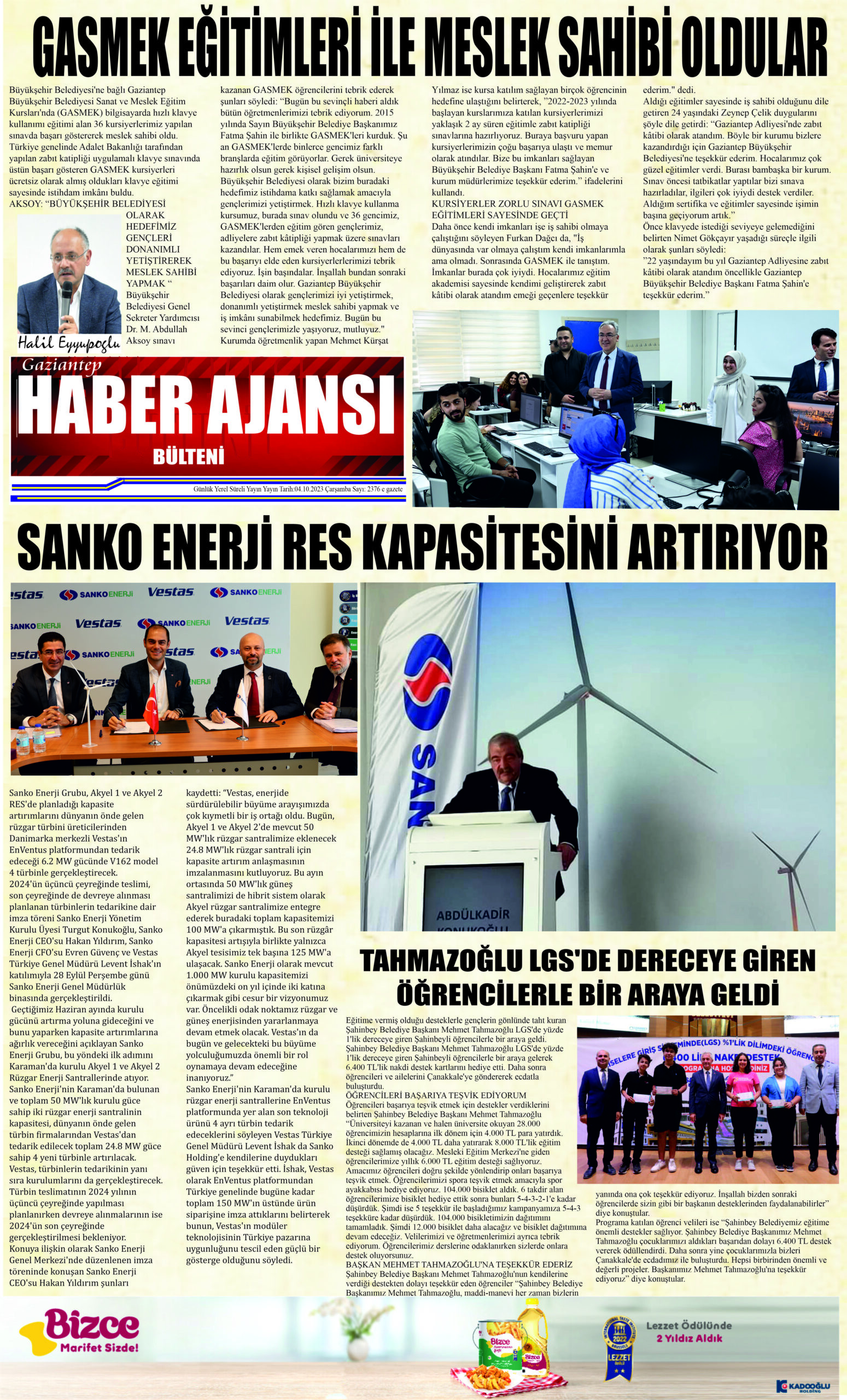 Gaziantep Haber Ajansı Bülteni Çarşamba 04.10.2023 e gazete