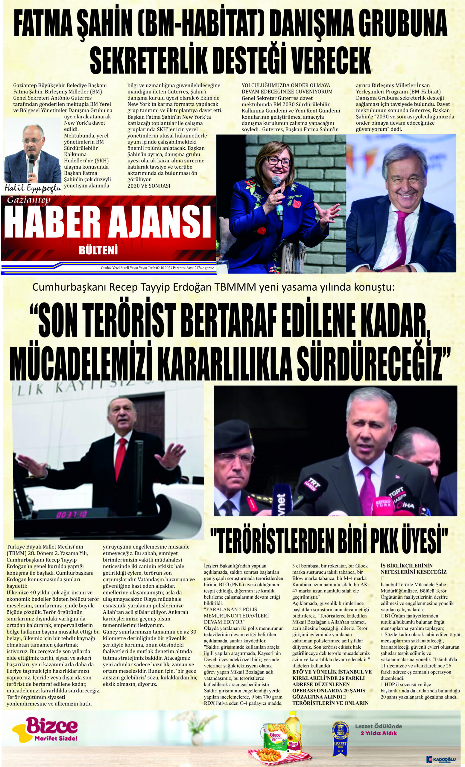 Gaziantep Haber Ajansı Bülteni Pazartesi 02.10.2023 e gazete