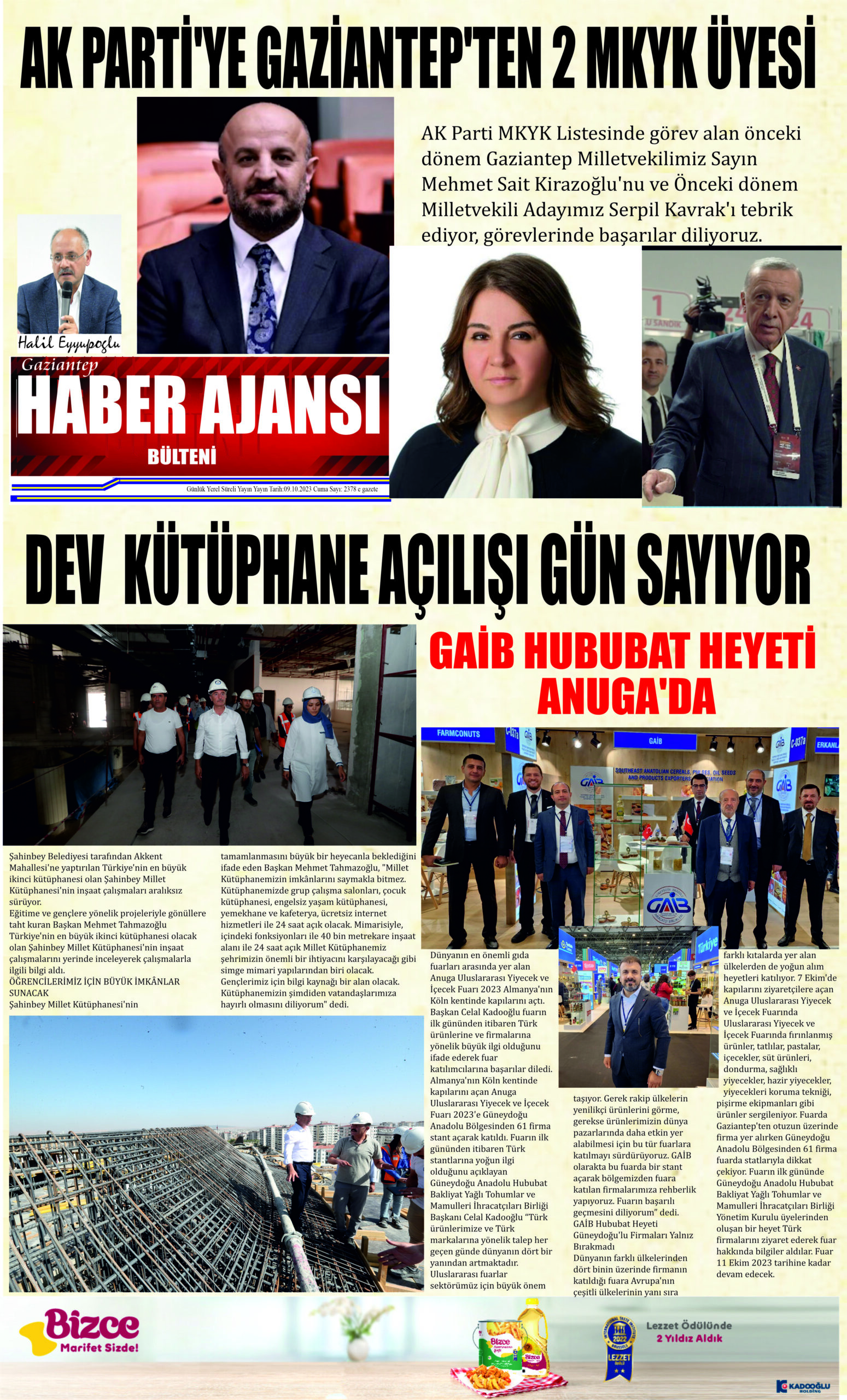 Gaziantep Haber Ajansı Bülteni Pazartesi 09.10.2023 e gazete