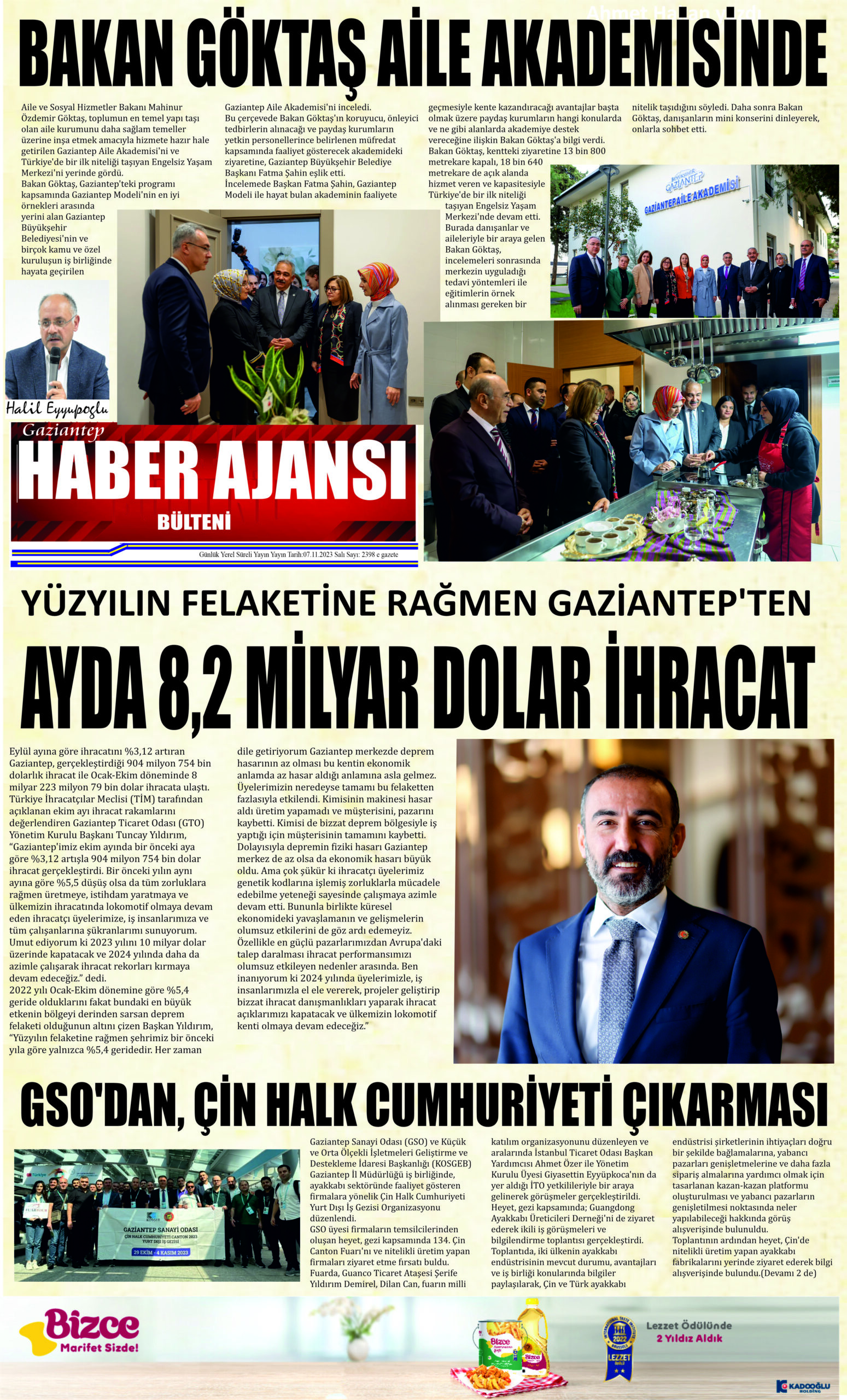 Gaziantep Haber Ajansı Bülteni Salı 07.11.2023 e gazete