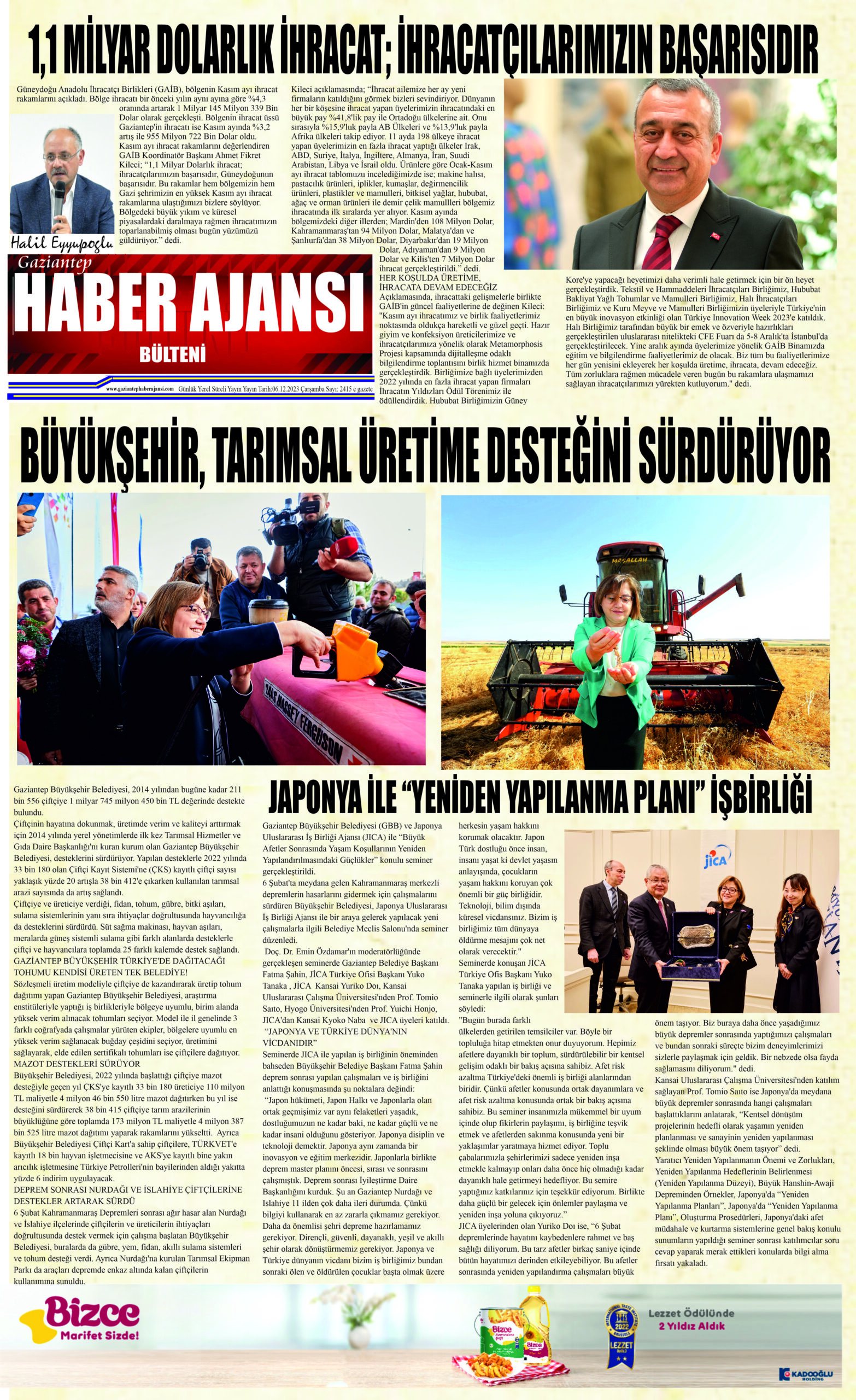 Gaziantep Haber Ajansı Bülteni Çarşamba 06.12.2023 e gazete