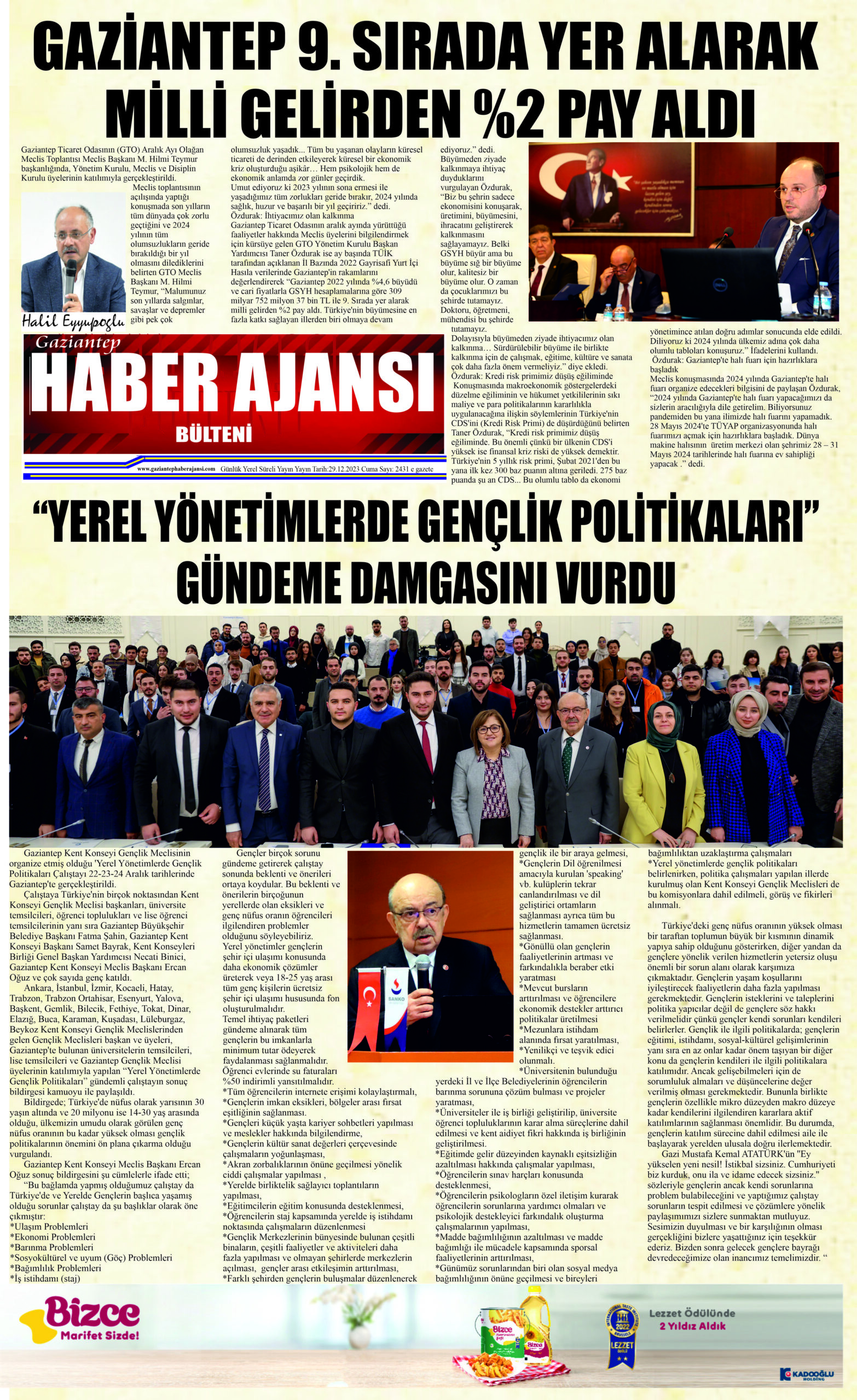 Gaziantep Haber Ajansı Bülteni Perşembe 29.12.2023 e gazete