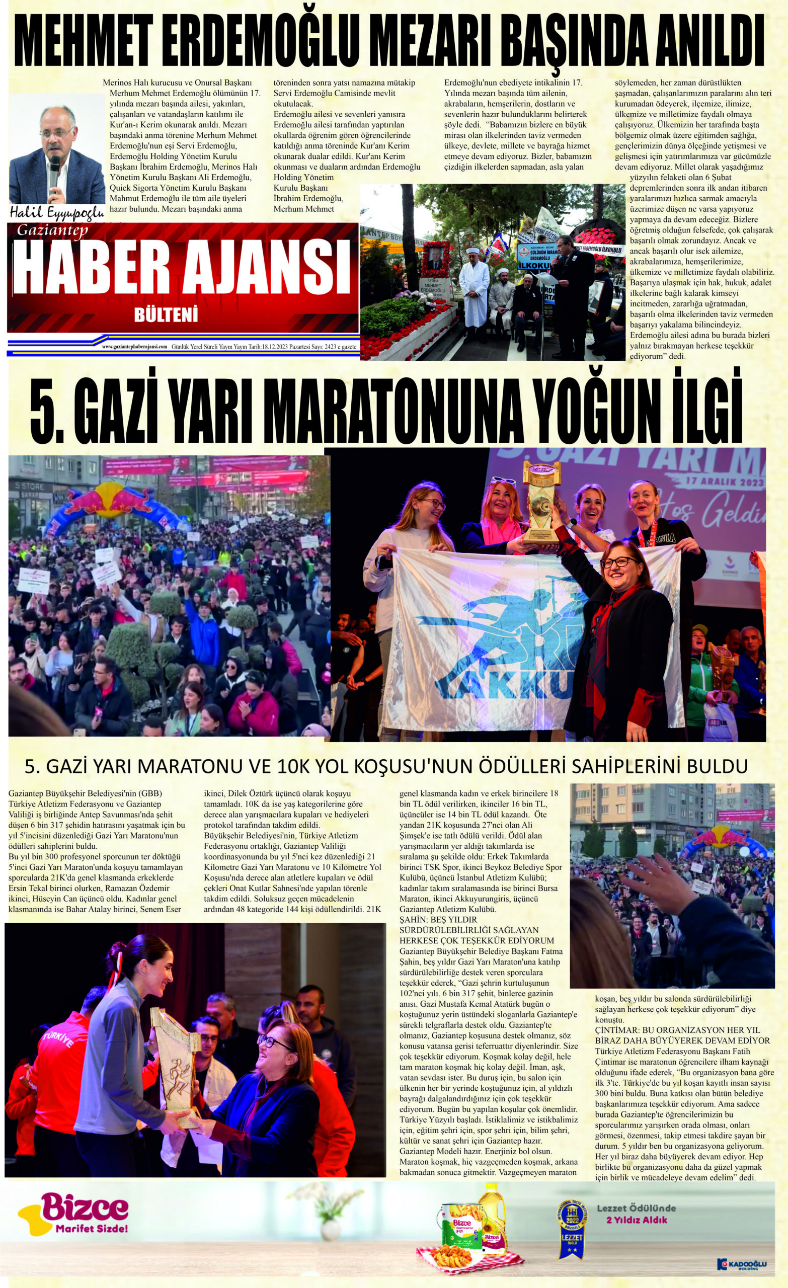 Gaziantep Haber Ajansı Bülteni Pazartesi 18.12.2023 e gazete