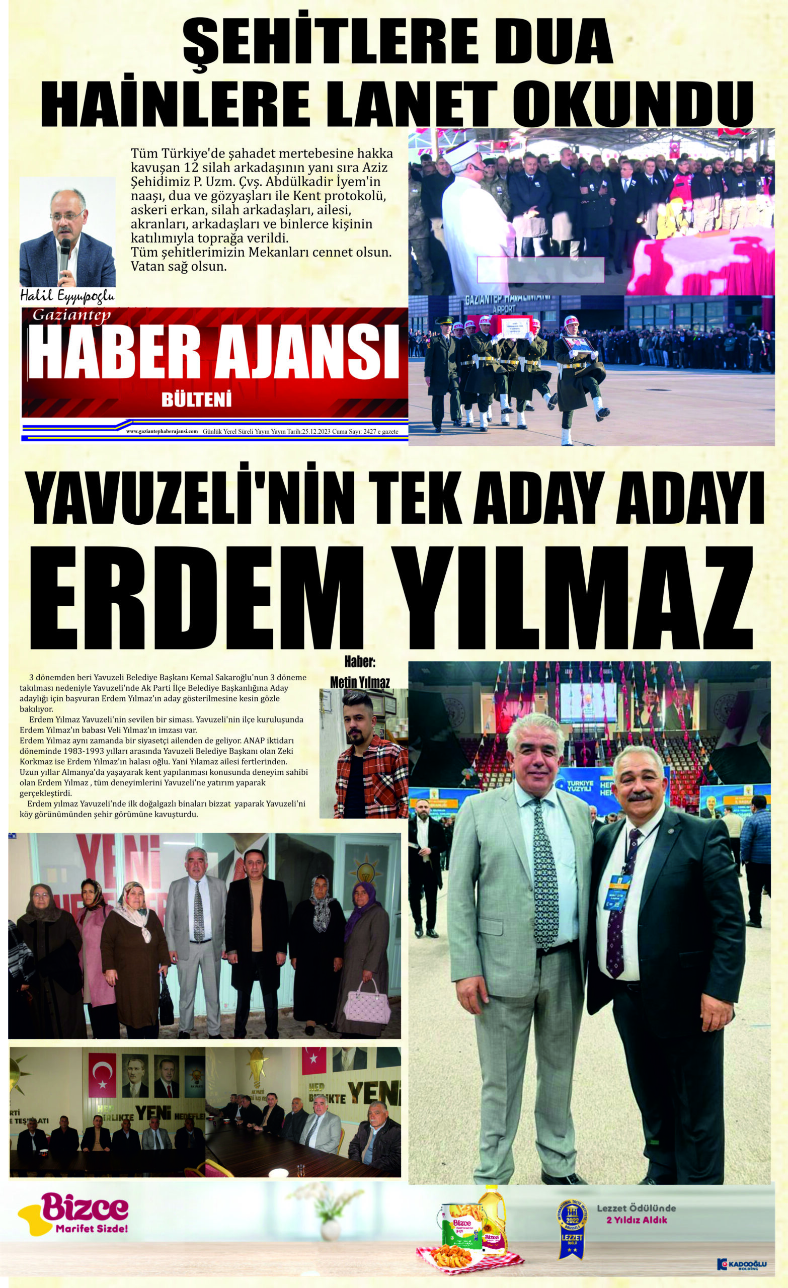 Gaziantep Haber Ajansı Bülteni Pazartesi 25.12.2023 e gazete