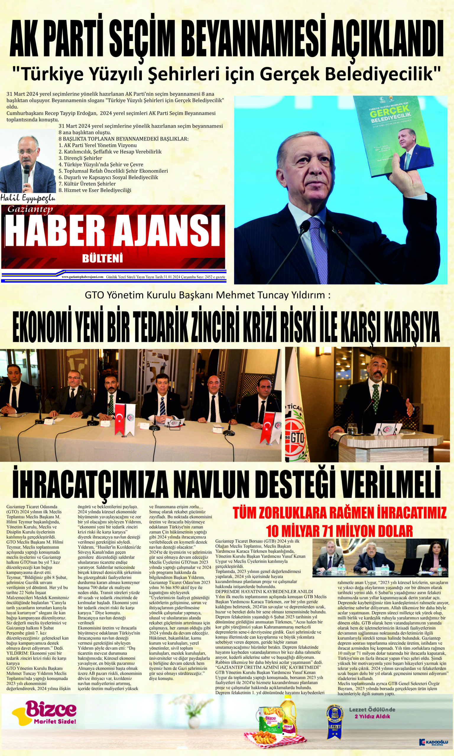 Gaziantep Haber Ajansı Bülteni Çarşamba 31.01.2024 e gazete