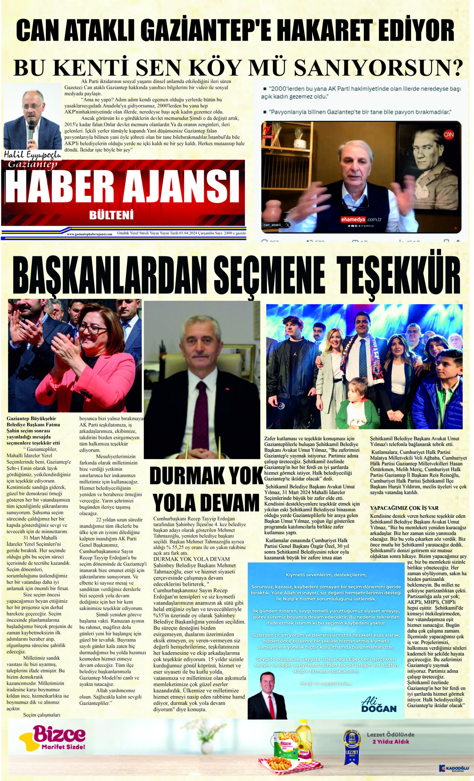 Gaziantep Haber Ajansı Bülteni Çarşamba 03.04.2024 e gazete