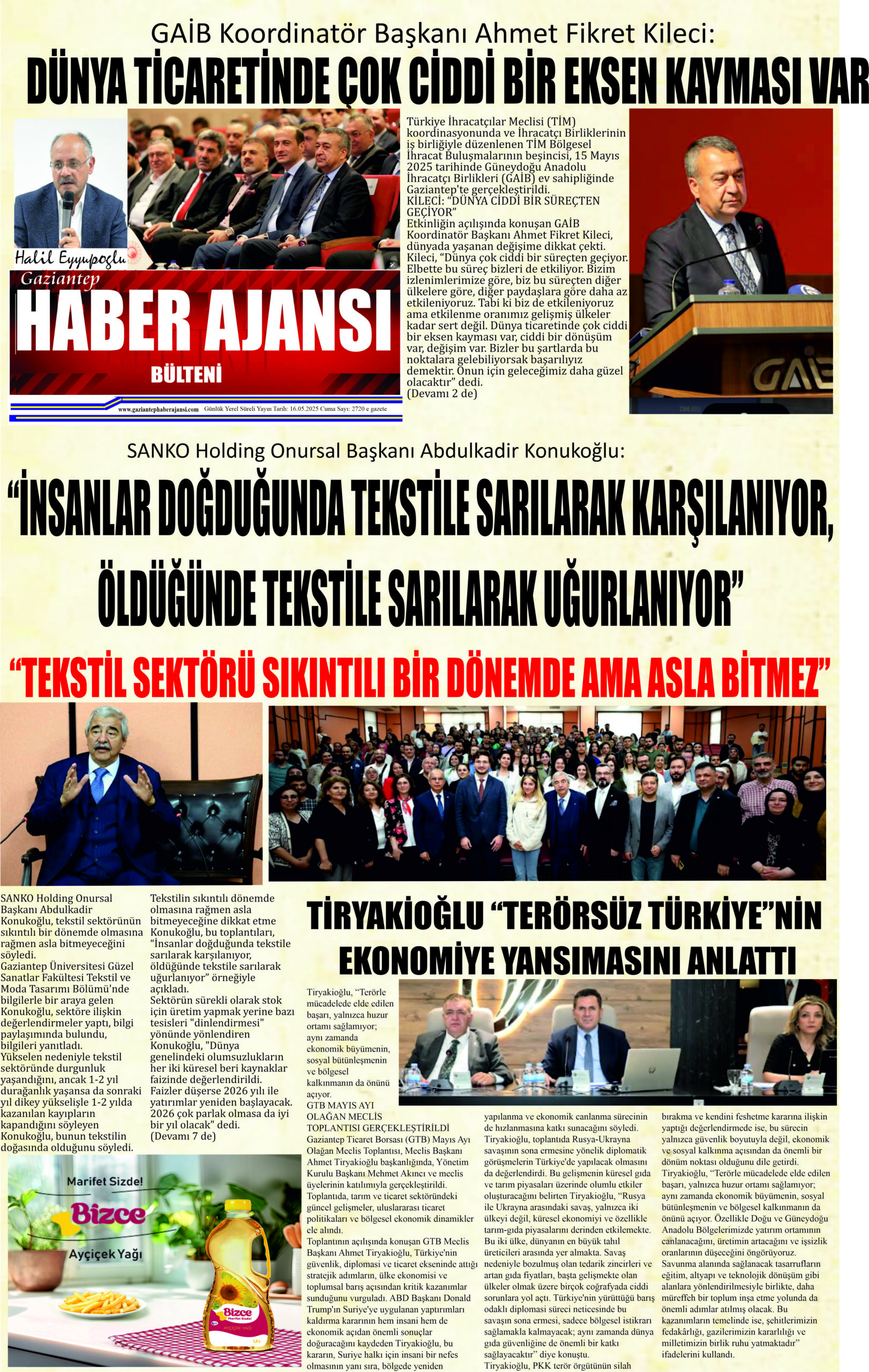Gaziantep Haber Ajansı Bülteni Cuma 16.05.2025 e gazete