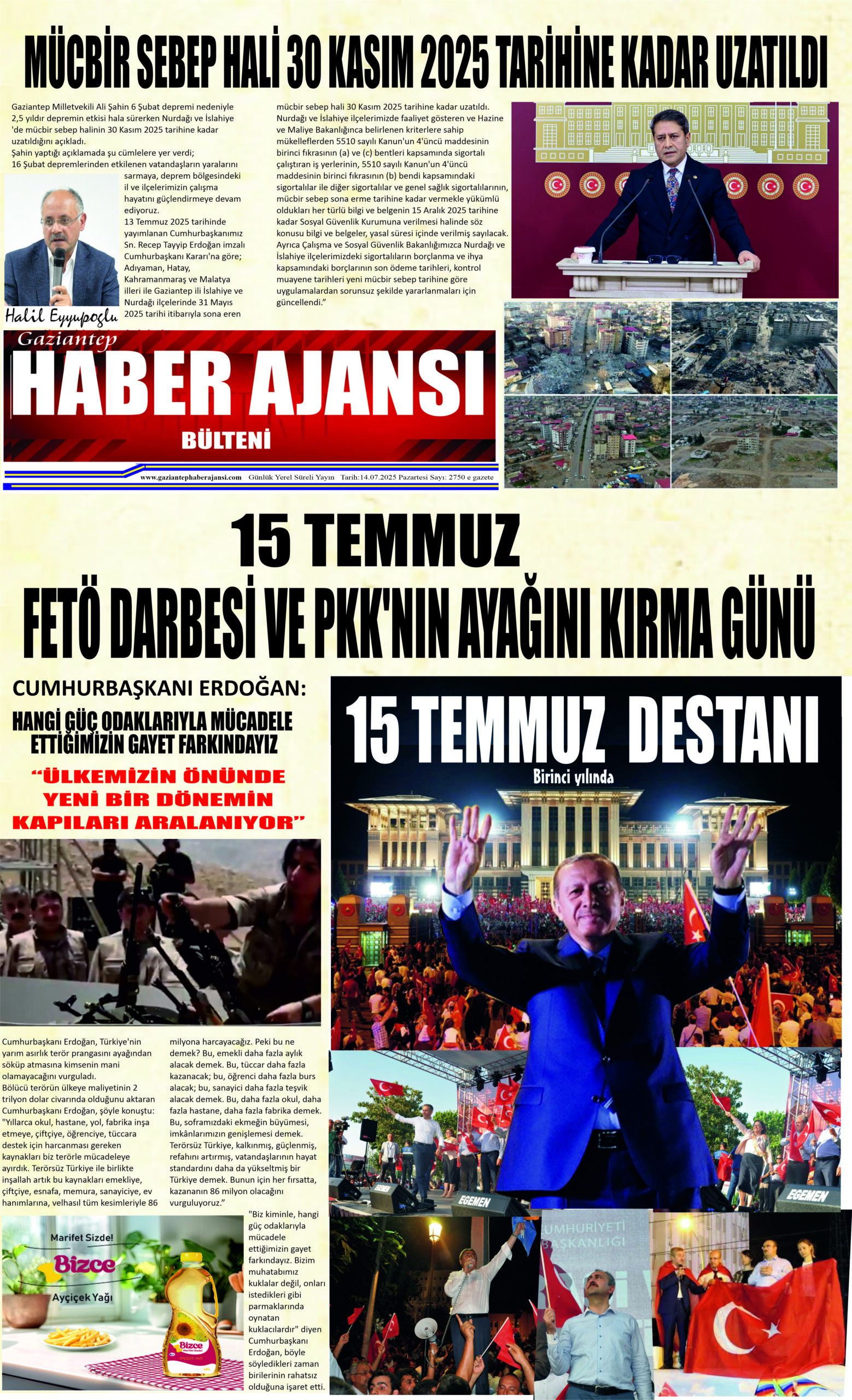 Gaziantep Haber Ajansı Bülteni Pazartesi 14.07.2025 e gazete
