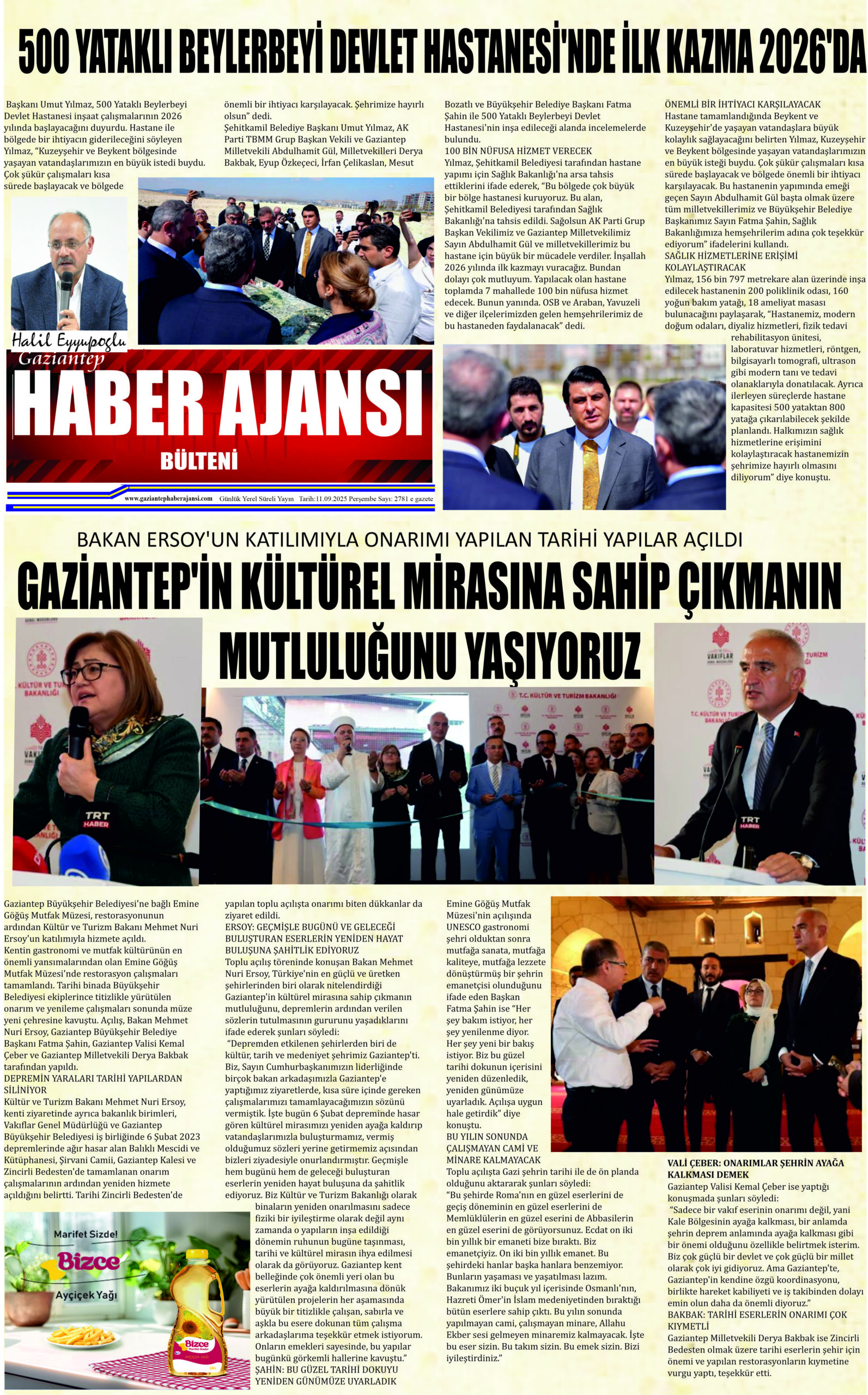Gaziantep Haber Ajansı Bülteni Perşembe 11.09.2025 e gazete
