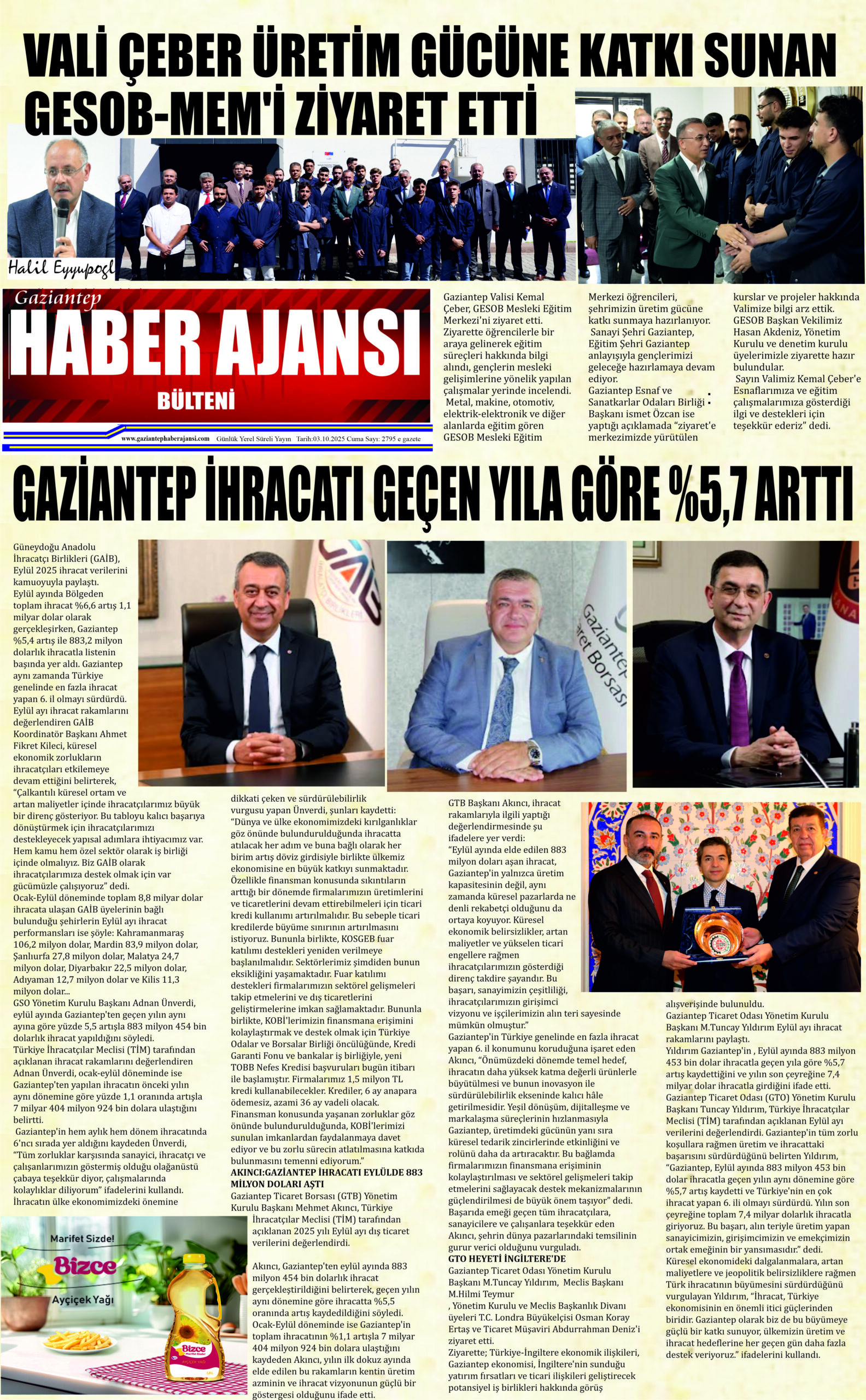 Gaziantep Haber Ajansı Bülteni Cuma 03.10.2025 e gazete