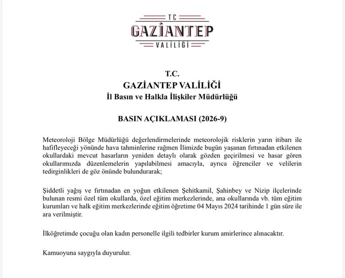 Gaziantep’te Okullar tümüyle Pazartesi tatil